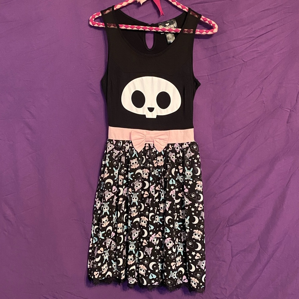 RARE Hot Topic Skelanimals Kit Bow Skater Dress in Black & Pastels. SM (junior).